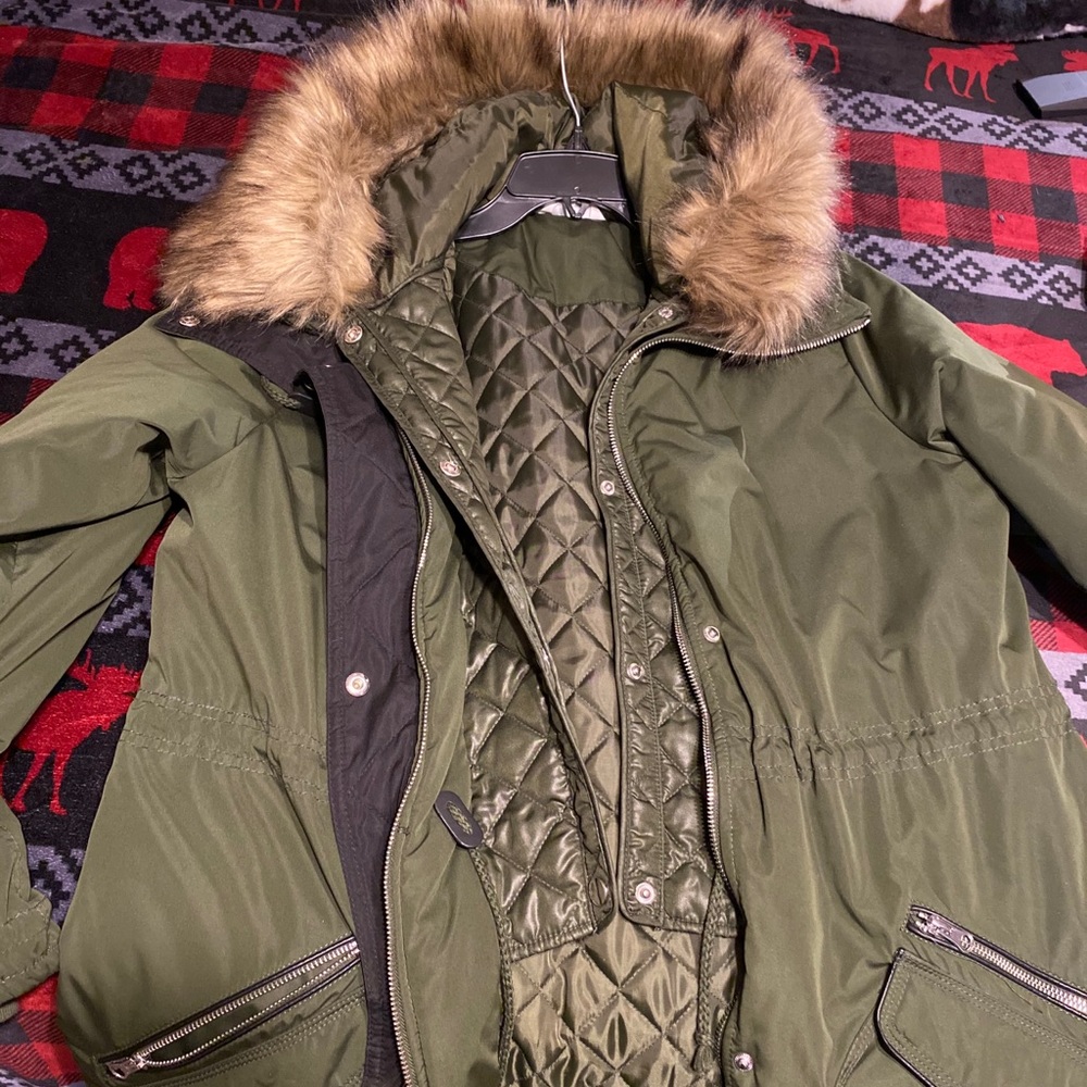 winter jacket with fir trim hood